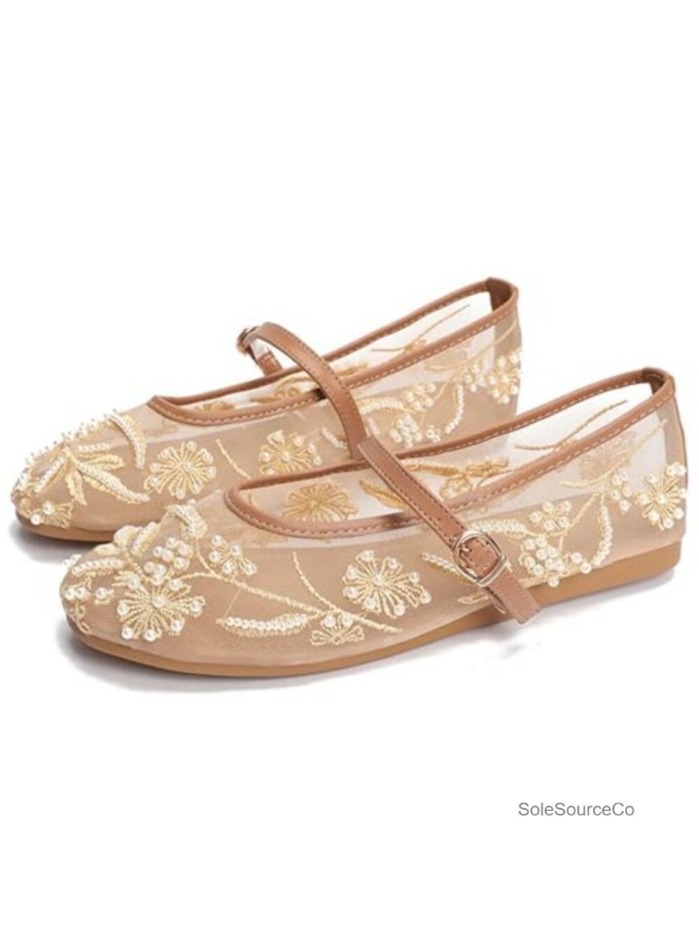 Mesh Embroidered Mary Jane Flats Ballerina Shoes Women Closed Toe